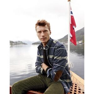 J. Crew Leather Elbow-Patch Flannel Heathered Plaid Long Sleeve Shirt Blue